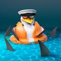 The sharks are circling poor penguin sailor captain as he floats in the sea, 3d illustration