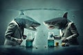 Sharks dressed as scientists experimenting created with Generative AI technology Royalty Free Stock Photo
