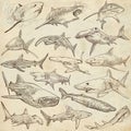 Sharks - An hand drawn pack. Freehand sketching, originals. Royalty Free Stock Photo