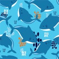 Colorful seamless pattern with sharks. Decorative cute background with fishes. Marine illustration