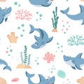 Sharks pattern. Seamless shark print, cute ocean fish wrapping. Marine life kids background, beach cloth or wallpaper