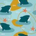 Colorful seamless pattern with sharks, sea stars. Decorative cute background with fishes. Marine funny illustration Royalty Free Stock Photo