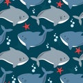 Colorful seamless pattern with sharks, sea stars. Decorative cute background with fishes. Marine illustration