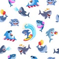 Sharks seamless pattern. Cartoon shark surfing, underwater life. Sea fabrics print, cutest wild ocean characters. Funny Royalty Free Stock Photo