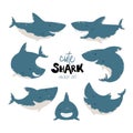 Sharks set. Vector illustrations of funny fish in a simple cartoon scandinavian style. Characters in different poses, emotions. Royalty Free Stock Photo