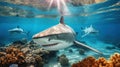 Sharks swim underwater near coral reefs, wild sea predators in blue water. Theme of ocean life, teeth, wildlife, travel, marine