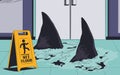Sharks swimming on wet floor. Warning sign. Stock illustration