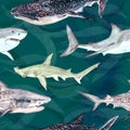 Sharks variety: Blue, Tiger, Whale and Hammerhead, hand painted watercolor illustration, seamless pattern on dark green