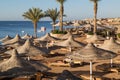 Sandy beach, sunbeds, umbrellas and warm water of Red Sea early in the morning in the suburb of Sharm el Sheikh