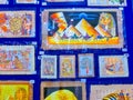 Sharm El Sheikh, Egypt - February 17, 2020: The papyrus with elements of egyptian history - objects displayed in shop in the