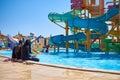Sharm el sheikh, Egypt - Jyle 27, 2019: Two arabic woman in the hijab in water park swimming pool