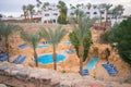 Sharm El Sheikh, Egypt - March 11, 2020: An empty complex of Spa pools Jacuzzi with many free sun loungers is available in open