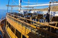 Sharm el-Sheikh, Egypt - March 14, Fragments of a yacht made of wood in the bay of the Red Sea against the blue sky Royalty Free Stock Photo