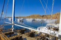 Sharm el-Sheikh, Egypt - March 14, Fragments of a yacht made of wood in the bay of the Red Sea against the blue sky Royalty Free Stock Photo