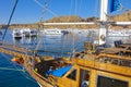 Sharm el-Sheikh, Egypt - March 14, Fragments of a yacht made of wood in the bay of the Red Sea against the blue sky Royalty Free Stock Photo