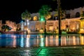 Sharm el-Sheikh, Egypt, 02/25/2019. Night landscape, interior of the hotel overlooking the pool, houses and palm trees