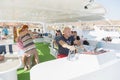 Sharm El Sheikh, Egypt. November 26 2019 Bald captain drives a pleasure boat with tourists. Happy tourists on a pleasure yacht.