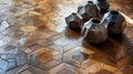 The sharp angles and clean lines of the hexagonal patterned hardwood floor provide a stunning geometric focal point in