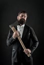 Sharp ax hand confident guy. Masculinity and brutality. Barbershop hairstyle. Brutal barber. Brutal manners Royalty Free Stock Photo