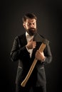 Sharp ax hand confident guy. Masculinity and brutality. Barbershop hairstyle. Firm determination. Brutal barber. Brutal Royalty Free Stock Photo