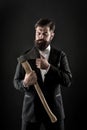 Sharp ax hand confident guy. Masculinity and brutality. Barbershop hairstyle. Firm determination. Brutal barber. Brutal Royalty Free Stock Photo