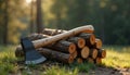 Sharp axe rests on stack of freshly cut logs in grassy forest clearing. Timber and firewood are prepared for burning or crafting. Royalty Free Stock Photo