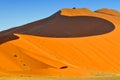 Sharp border of light and shadow over the crest of the dune at sunrise at Sossusvlei Namib Desert, Namib Naukluft National Park of Royalty Free Stock Photo