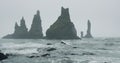 Sharp cliffs on black sand beach of Reynisfjara with waves hitting the shore on foggy rainy stormy day Vik, Iceland