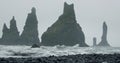 Sharp cliffs on black sand beach of Reynisfjara with waves hitting the shore on foggy rainy stormy day Vik, Iceland
