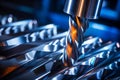 Sharp cnc drill bit in focus against blurred background of intricate machine mechanics