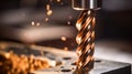 Sharp cnc drill bit in focus against blurred background of intricate machine operations