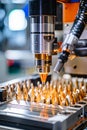 Sharp cnc drill bit in focus against blurred background of intricate machine operations