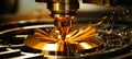 Sharp cnc drill bit in focus against blurred machine workings for precision machining