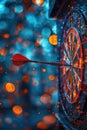 A sharp dart hits the target with precision, arrow in focus against a blurred bokeh background.