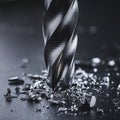 Sharp drill bit on dark surface with scattered shavings, indicating recent use