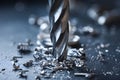 Sharp drill bit on dark surface with scattered shavings, indicating recent use