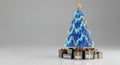 A sharp-focus 3D render of a minimalist, geometric Christmas tree made of glowing blue gold financial candlestick charts, placed a Royalty Free Stock Photo