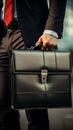 Sharp focus on executive clutching sleek briefcase, epitomizing professional sophistication