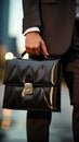 Sharp focus on executive clutching sleek briefcase, epitomizing professional sophistication