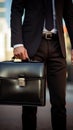 Sharp focus on executive clutching sleek briefcase, epitomizing professional sophistication