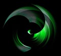 Sharp green blades of an abstract engine rotate on a black background. Graphic design element. 3d