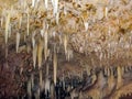 Sharp hanging stalactites on the ceiling of the cave, Barbados island. Nature, landscape