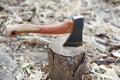 Sharp hatchet with wooden handle embedded in a chopping block outdoors. Royalty Free Stock Photo