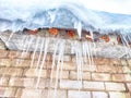 Sharp icicles from melted snow hanging from eaves of roof. Beautiful transparent icicles. Icicles on the eaves of the Royalty Free Stock Photo