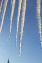 Sharp icicles and melted snow hanging from eaves of roof. Beautiful transparent icicles slowly gliding of a roof Royalty Free Stock Photo
