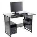 Modern Sleek Black Glass Computer Desk with Monitor Keyboard and Tower Setup View Royalty Free Stock Photo