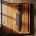 A sharp kitchen knife with a black handle rests on a wooden cutting board Royalty Free Stock Photo
