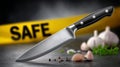 Sharp kitchen knife with garlic and herbs next to safety caution tape Royalty Free Stock Photo
