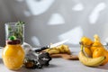 Sharp kitchen knife on peeled foods. Kitchen knife on the table with food Royalty Free Stock Photo