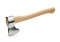 A sharp metal axe head with a smooth wooden handle isolated on white background Royalty Free Stock Photo